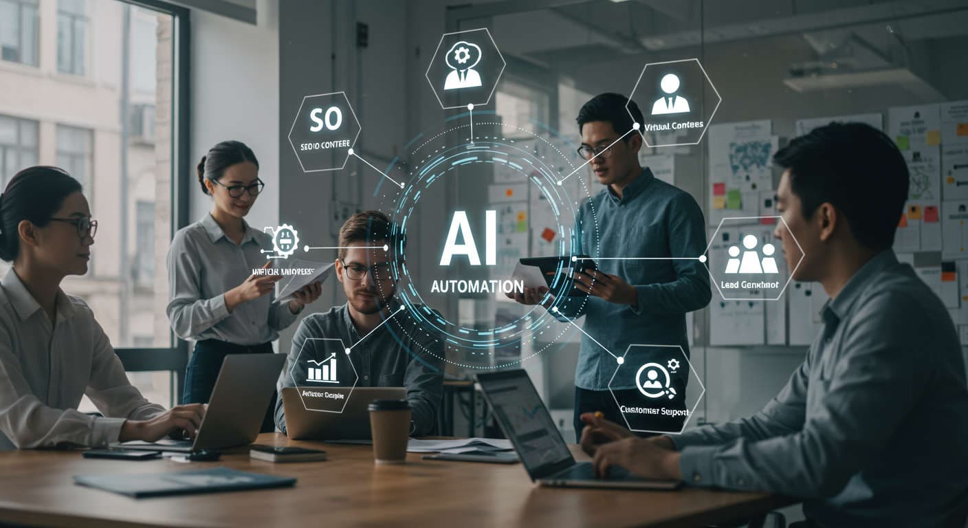 Diverse small business team working in a modern office with digital AI automation icons representing virtual employees, SEO, lead generation, and customer support for startups and SMBs.