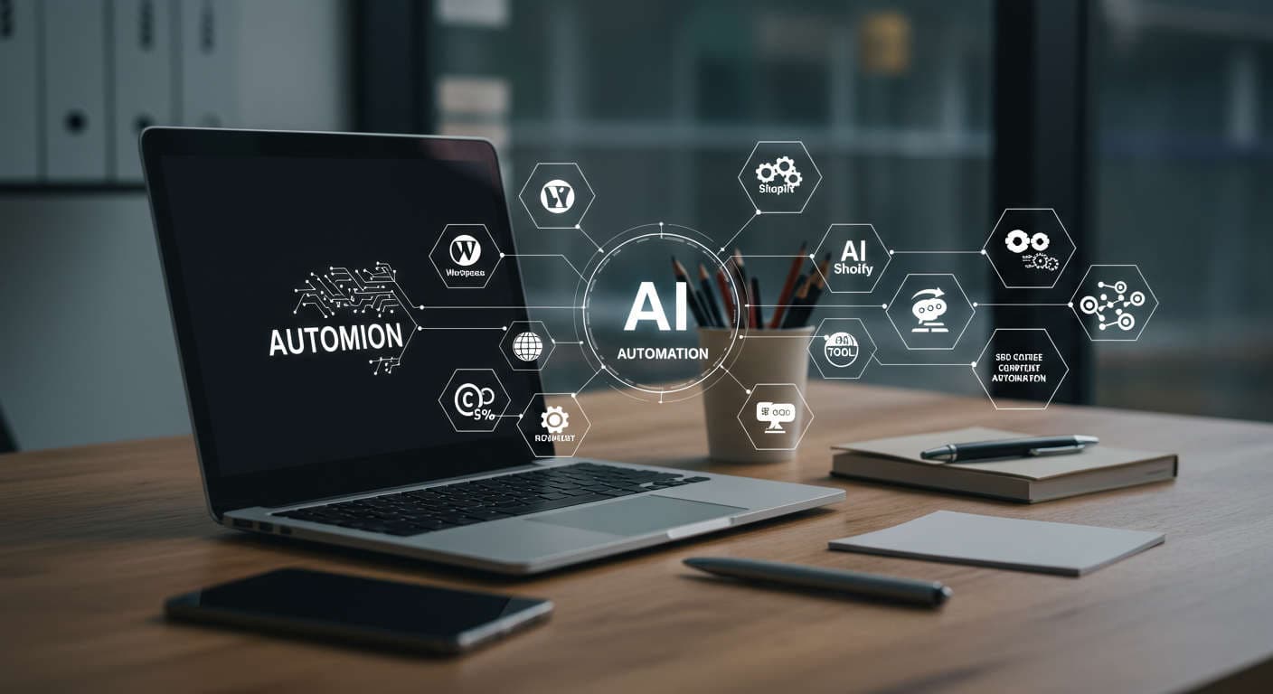 Modern office workspace with laptop showing AI automation software and icons for WordPress, Shopify, AI virtual employees, no-code tools, and SEO content automation representing SMB efficiency and innovation