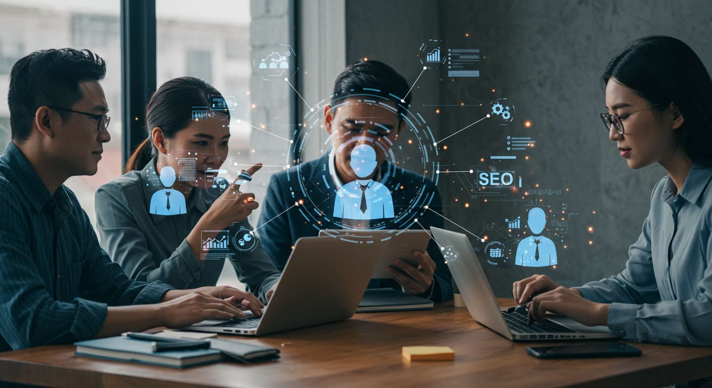 Small business owners and startup entrepreneurs collaborating with AI virtual employees on SEO tasks in a modern office environment, symbolising AI-driven business growth and automation.