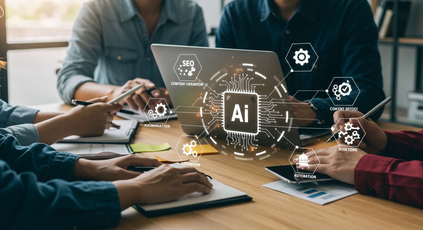 Small business owners and startup entrepreneurs collaborating with AI technology for SEO content automation and growth in a modern office environment