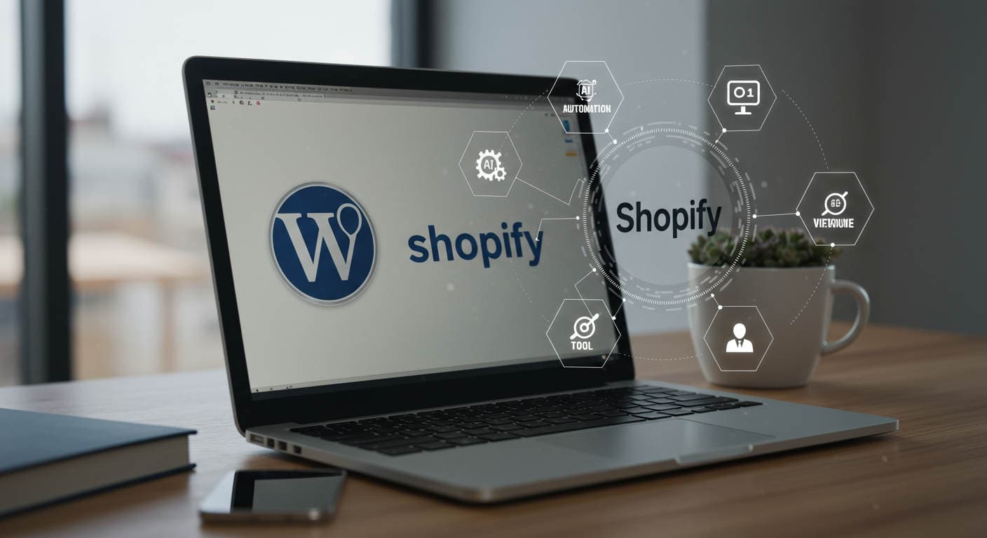 Modern workspace with laptop showing WordPress and Shopify logos surrounded by AI automation and no-code tool icons, symbolising seamless integration and automation for SMBs and startups