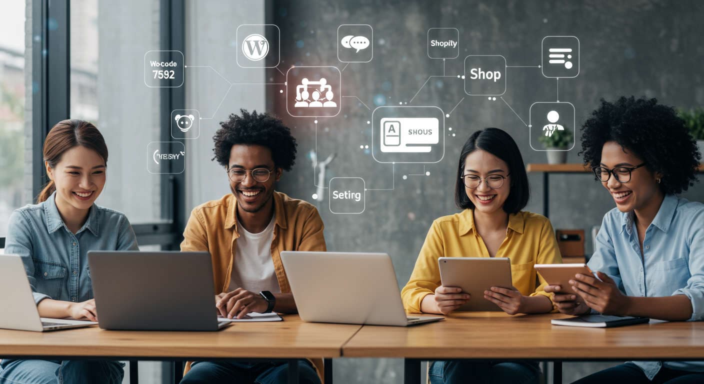 Small business owners and startup entrepreneurs using AI automation plugins on laptops and tablets with WordPress and Shopify icons in the background, symbolising no-code AI automation and virtual AI employees working autonomously.