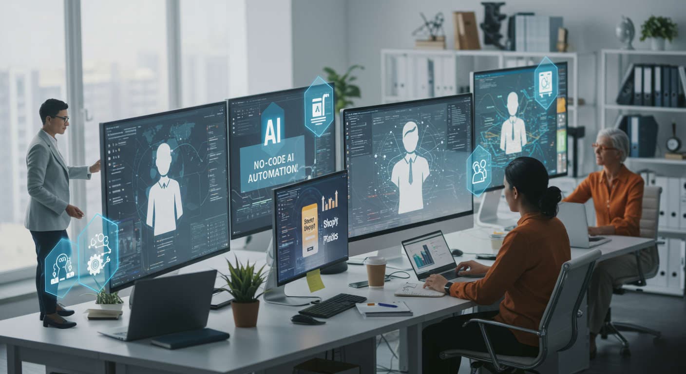 Futuristic office scene with small business owners and startup founders using AI virtual employees on screens, showcasing no-code AI automation, WordPress and Shopify plugins, and data analytics in a modern, bright workspace.