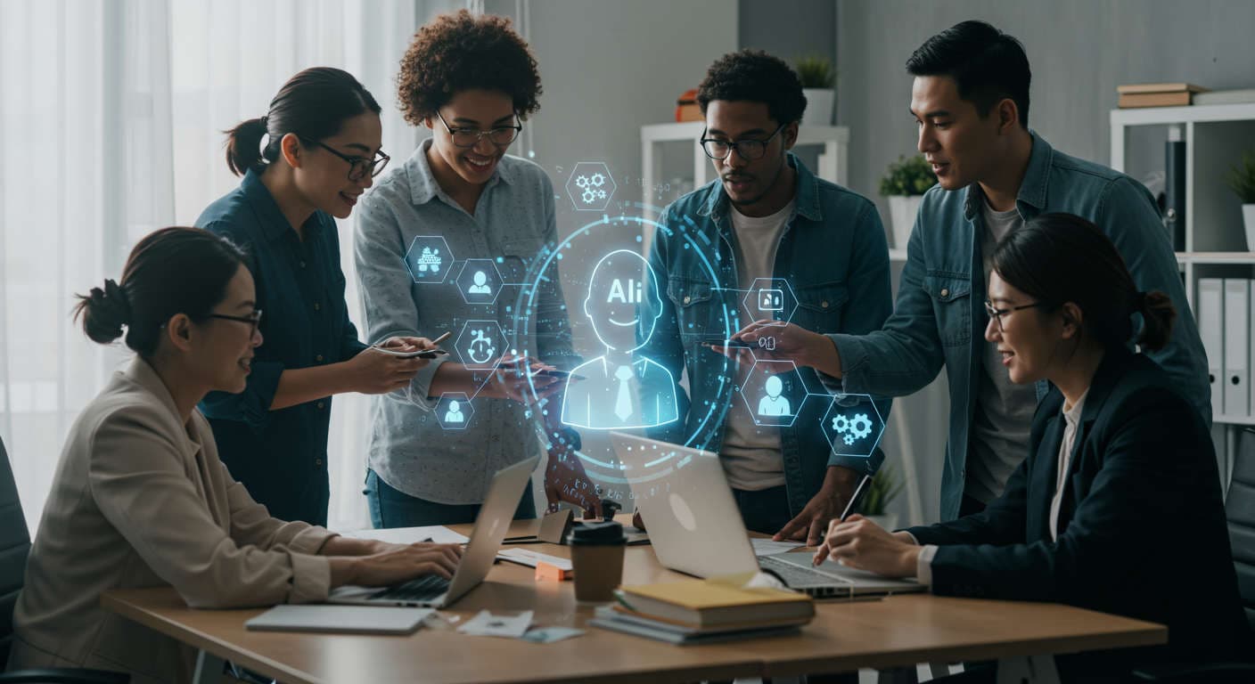 Small business owners and startup founders collaborating with AI technology and virtual assistant in a modern office environment, representing AI automation and support for SMBs