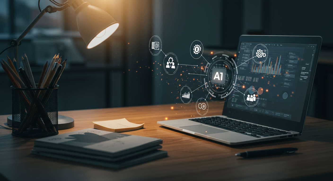 Modern workspace with laptop showing SEO analytics and AI content optimisation dashboard, surrounded by digital icons representing AI, Google Discover, content publishing, and small business growth.