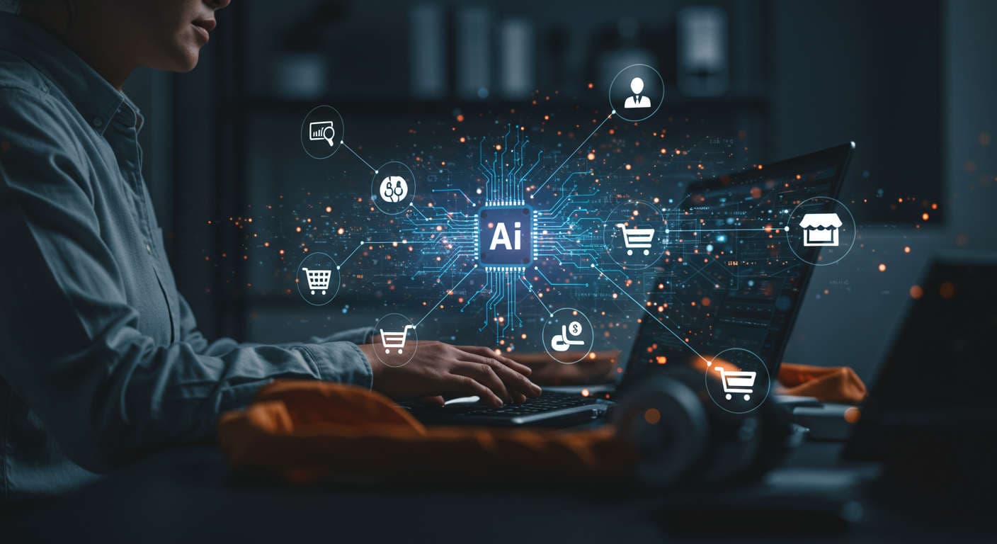 Abstract modern e-commerce visual with AI neural networks, digital shopping icons, and a small business owner using AI for product description automation on Shopify and WordPress platforms
