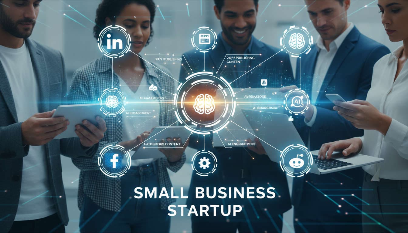 Diverse professionals engaging with digital devices connected by social media icons for LinkedIn, Facebook, and Reddit, illustrating AI-driven multi-channel content automation for SMBs.