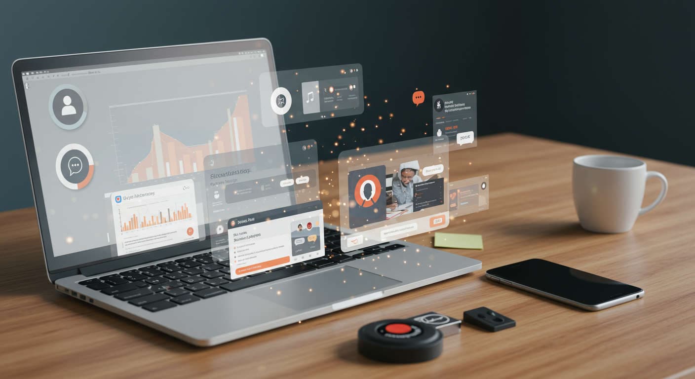 A modern digital workspace showing a laptop and smartphone managing social media and blog platforms, symbolising AI-driven content repurposing for small businesses and startups
