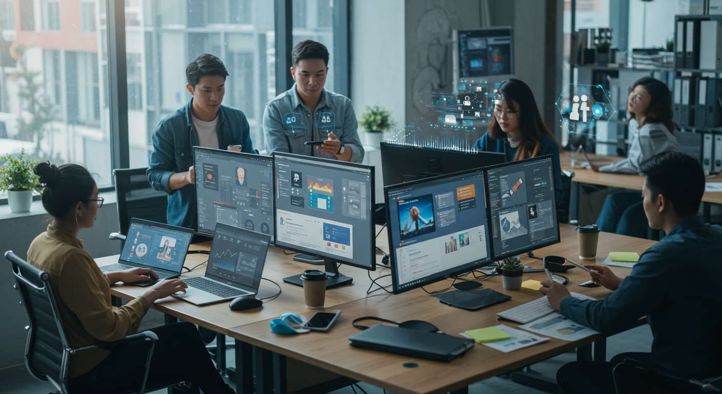 Small business and startup teams collaborating on digital marketing with AI assistance, multiple screens showing LinkedIn, Facebook, Reddit, and content creation tools in a modern office setting
