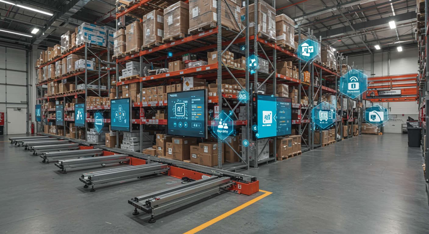 Modern e-commerce warehouse with automated stock shelves and digital inventory displays, symbolising AI-powered real-time inventory management integration for Shopify and WooCommerce