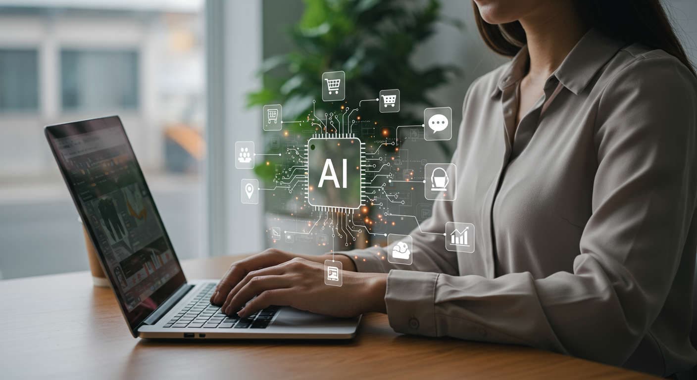 Small business owner using a laptop with digital icons representing Shopify AI automation, including e-commerce, inventory, chatbot support, and competitor analytics for efficient online store management