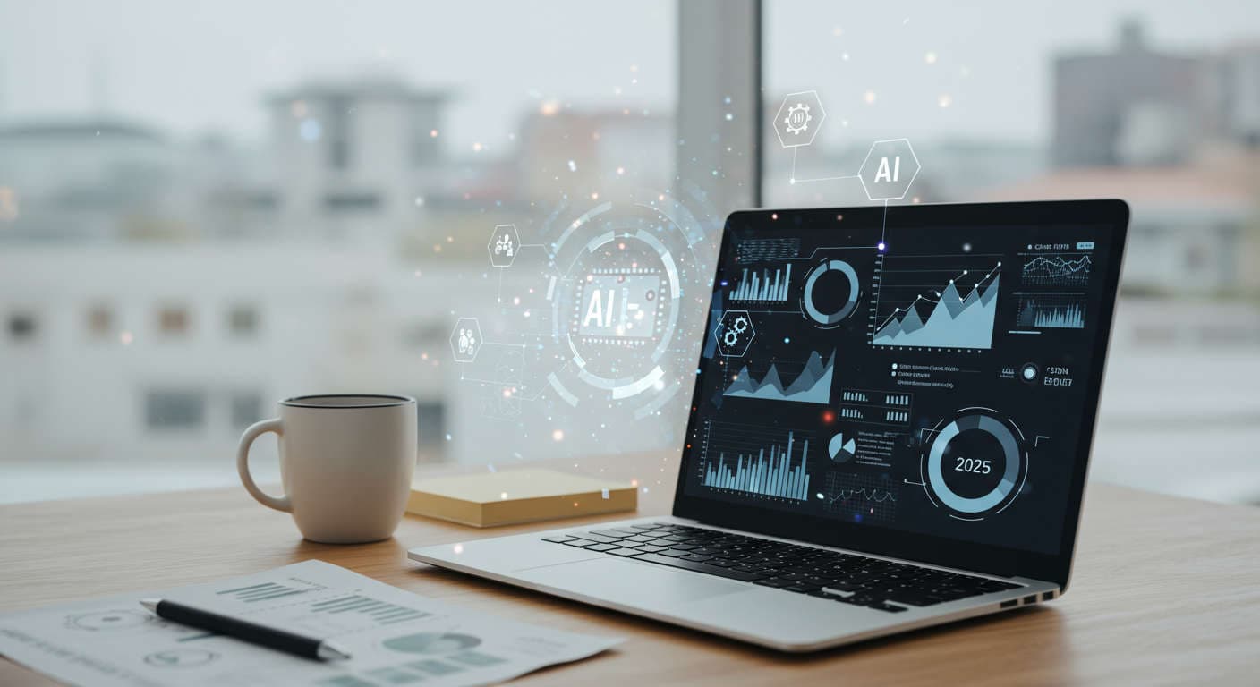 Modern workspace with laptop displaying AI data and digital holograms, symbolising AI breakthroughs and automation trends for SMBs in October 2025