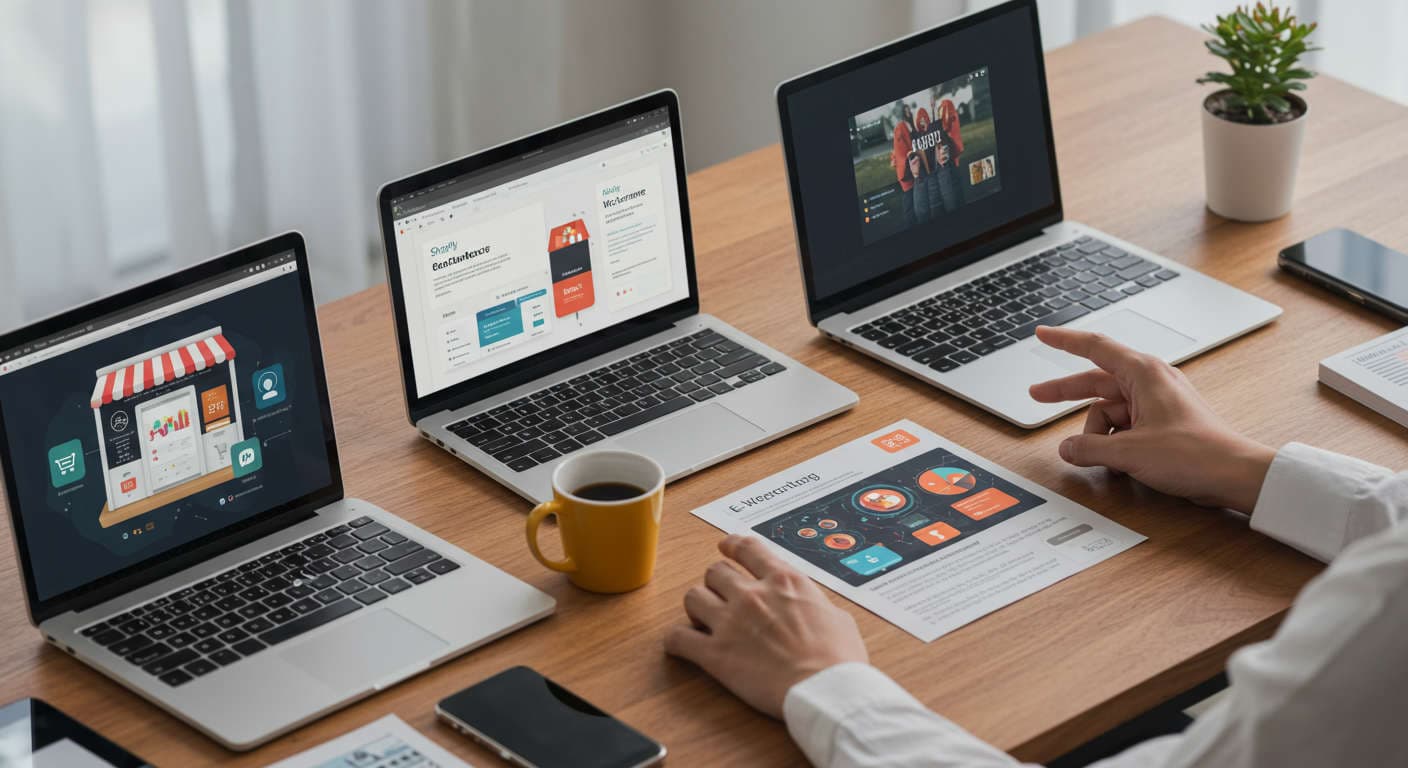 Diverse e-commerce digital storefronts on Shopify and WooCommerce interconnected by AI automation technology for efficient inventory management and business growth