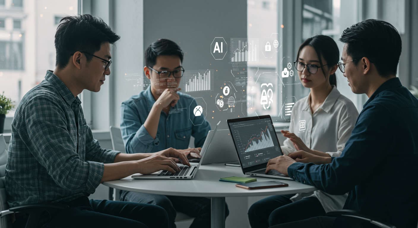 A modern small business team working with laptops and digital screens illustrating AI content automation and productivity gains