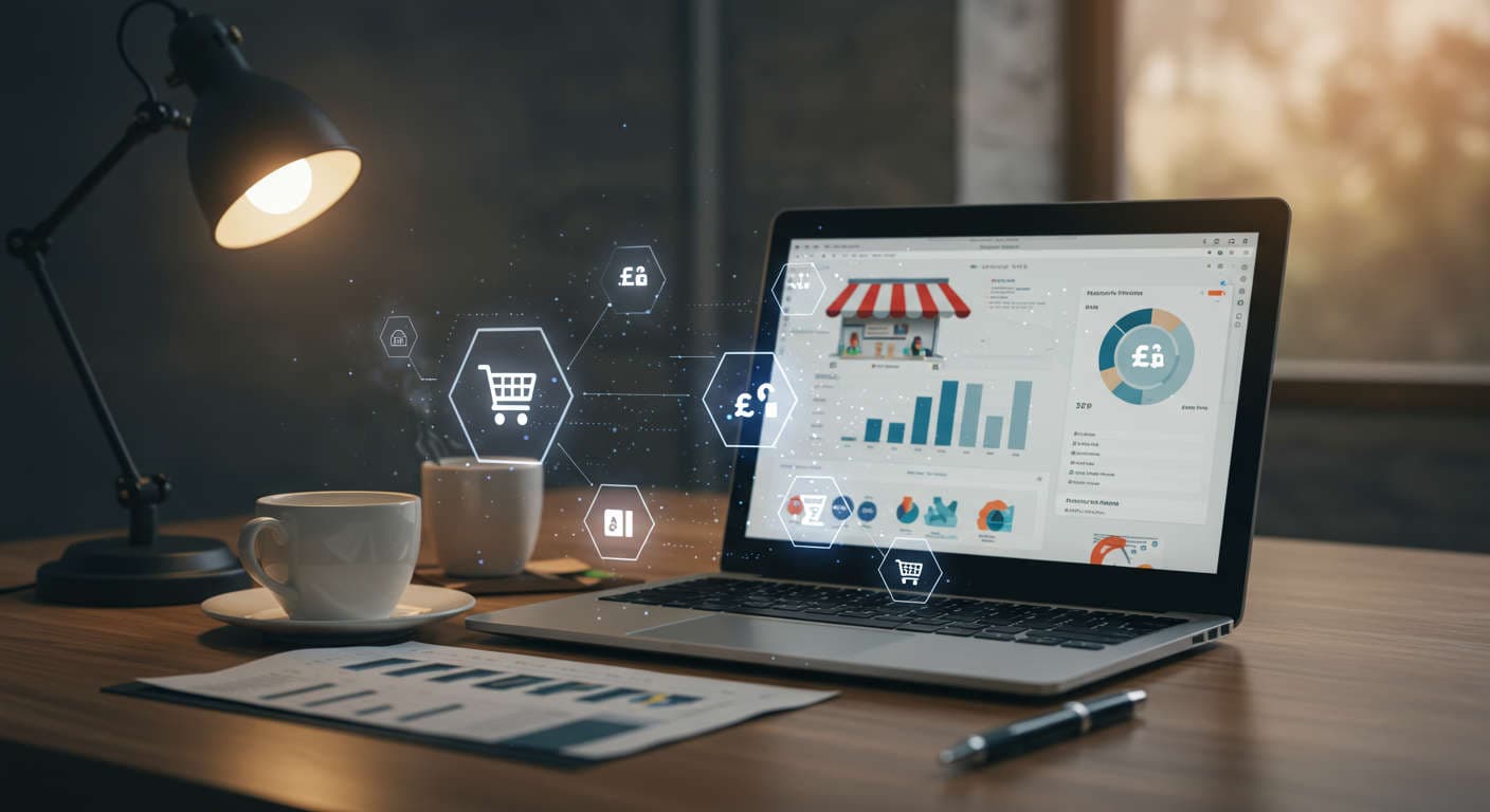 Ecommerce workspace with laptop showing Shopify dashboard, AI assistant icons, financial charts indicating ROI and growth in a small business environment