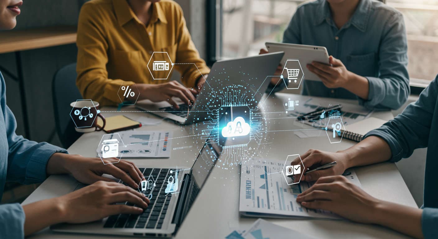 Small business owners using laptops and tablets with digital overlays showing AI technology and e-commerce icons, representing AI inventory automation for Shopify and WordPress stores.