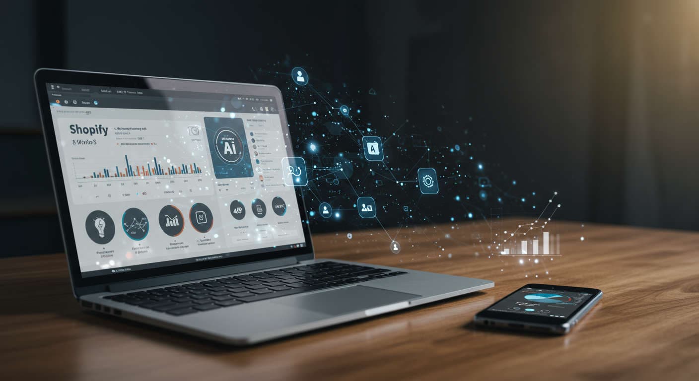 Modern digital workspace with laptop and smartphone showing Shopify and WordPress dashboards highlighting AI-powered internal linking and SEO automation for small business growth