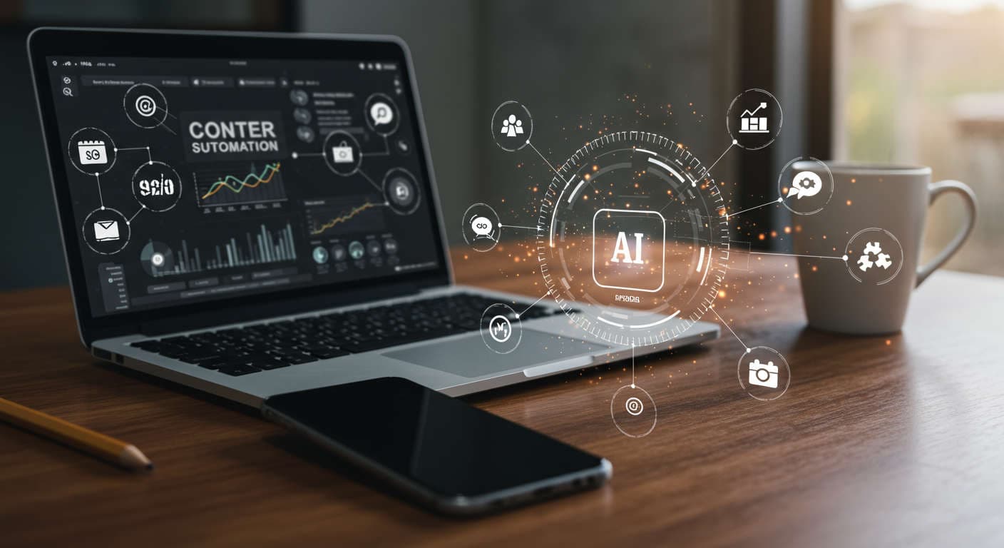 Modern workspace with laptop and smartphone showing AI content scheduling dashboards and icons for SEO, calendar, and multi-channel marketing automation