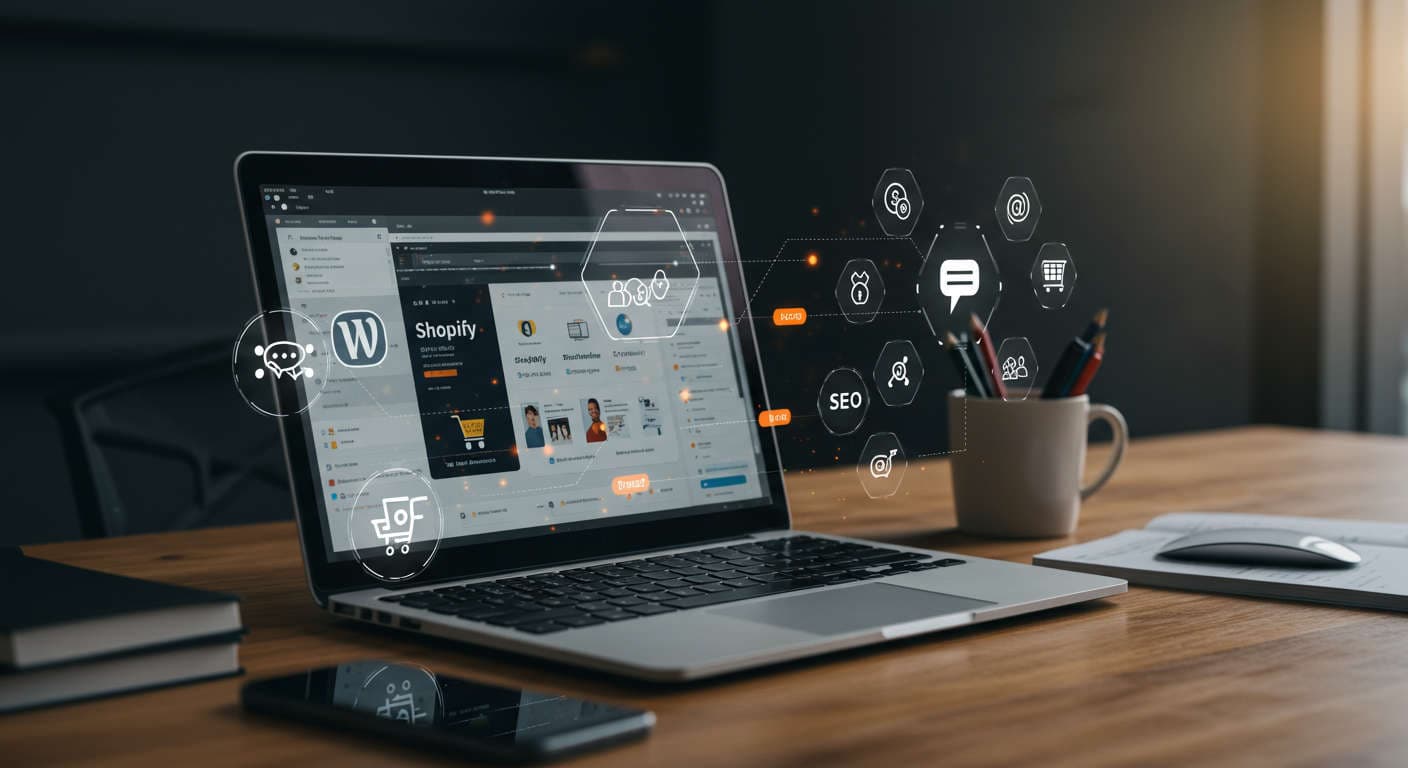 Modern ecommerce workspace showing laptop with Shopify store and WordPress dashboard, surrounded by digital marketing and AI technology icons representing automated FAQ generation and schema markup