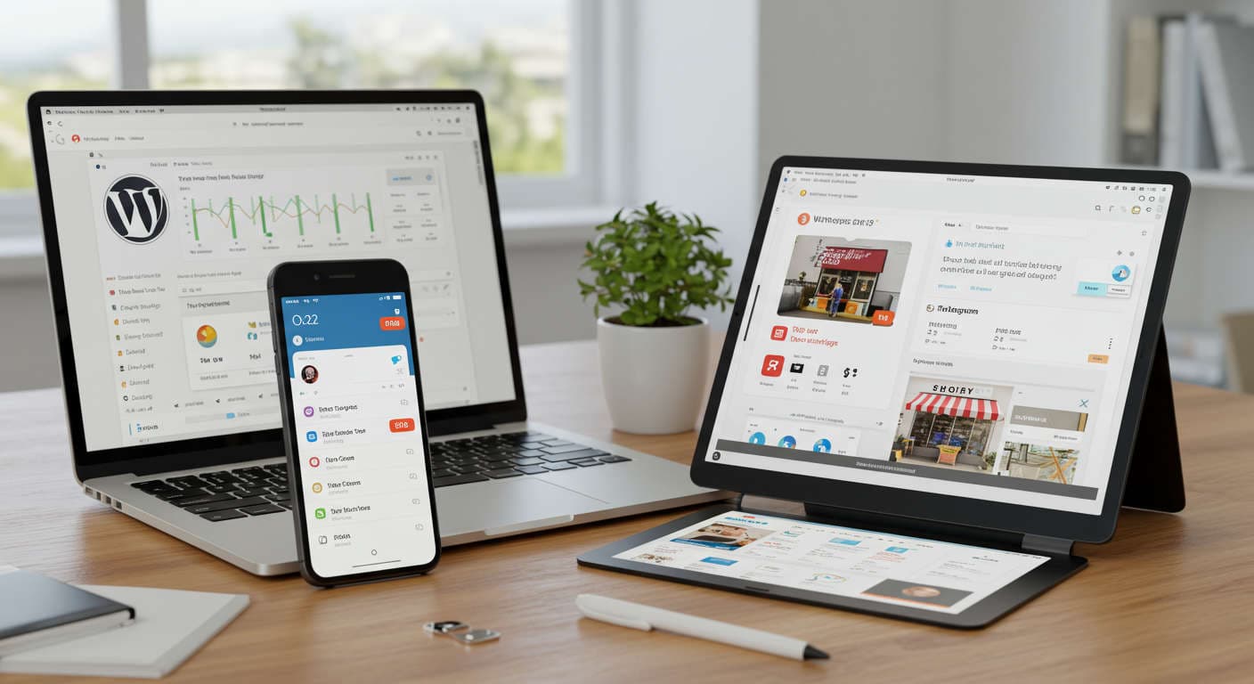 Modern workspace showing WordPress dashboard on laptop, Telegram notifications on smartphone, and Shopify store on tablet symbolising AI automation and digital marketing integration for SMBs and startups