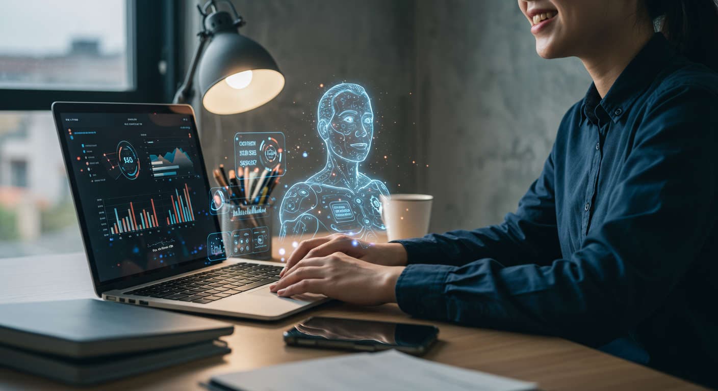 Modern office workspace with laptop showing SEO analytics and AI digital assistant hologram, representing AI-powered content creation for small businesses