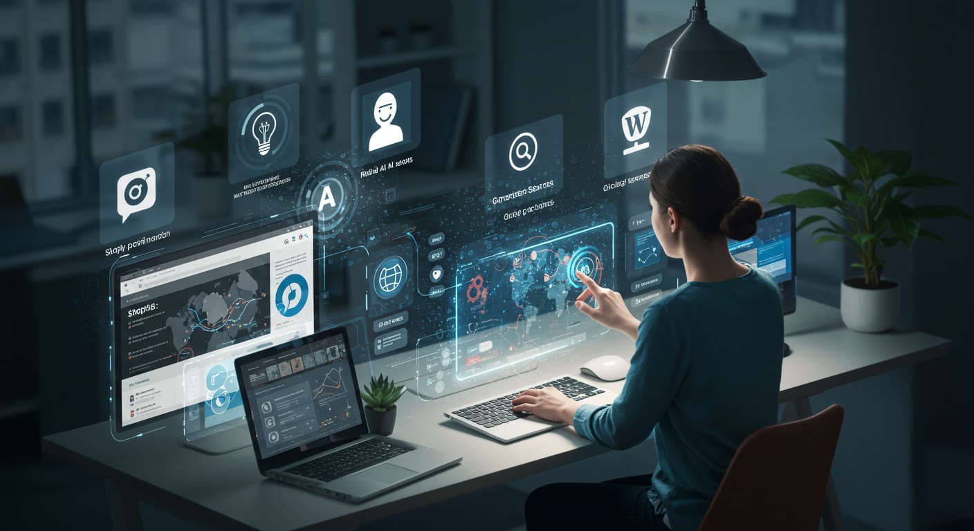 Futuristic small business environment showcasing AI breakthroughs with virtual agents, real-time voice AI, and multimodal processing on Shopify and WordPress platforms.