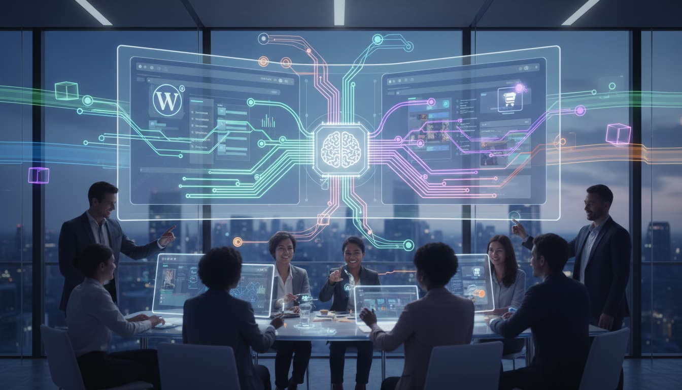 Modern digital workspace with AI technology automating SEO tasks on WordPress and Shopify, symbolising internal linking and data flow for small businesses and startups