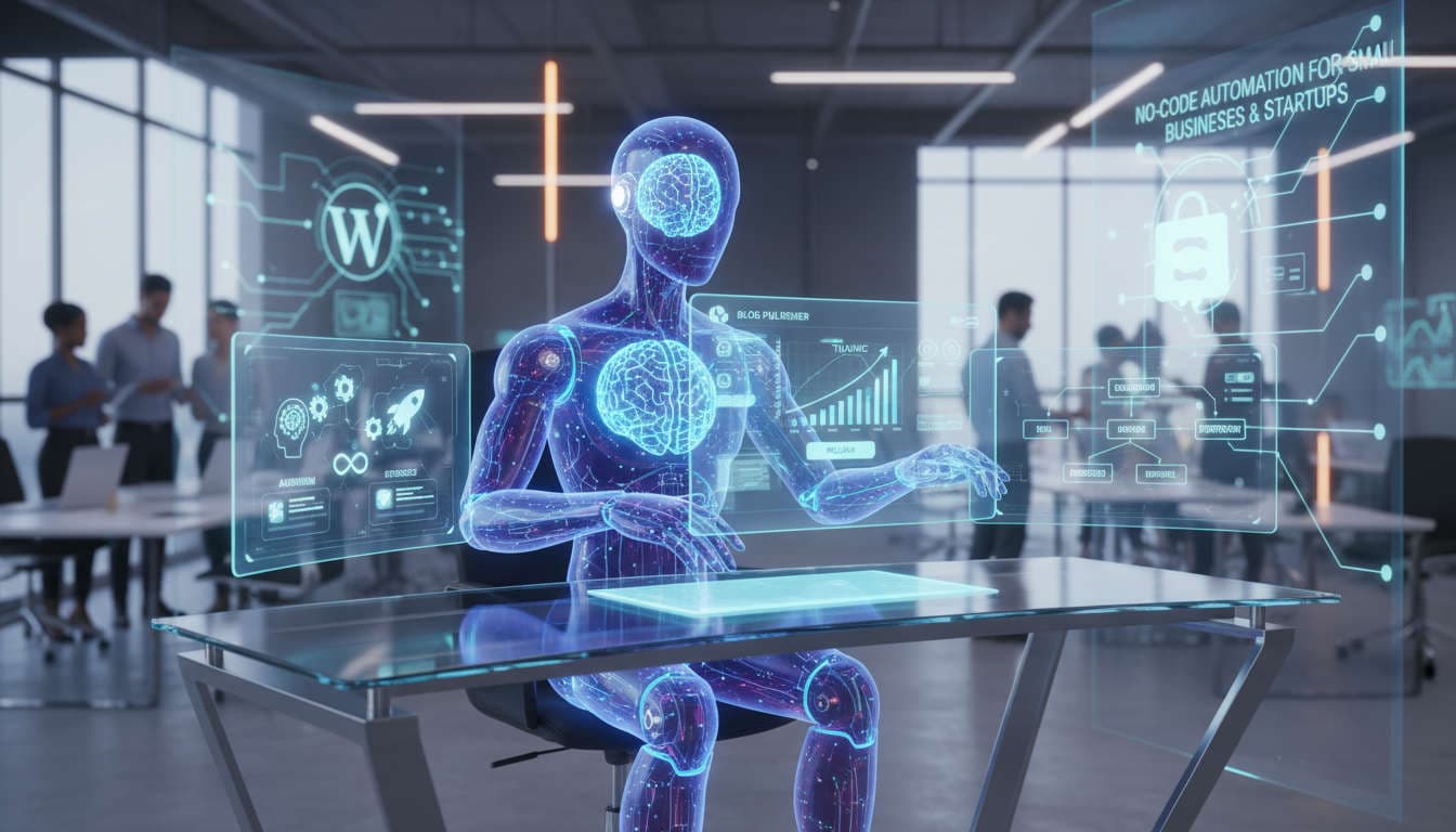 Modern AI virtual employee creating SEO content with digital workspace displaying analytics and blog publishing, highlighting no-code automation for WordPress and Shopify integration in a diverse business environment.