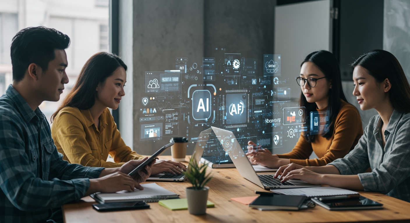 Diverse small business owners and startup entrepreneurs collaborating with AI technology on laptops, representing AI content writing and automation integration with WordPress and Shopify in a modern office setting.