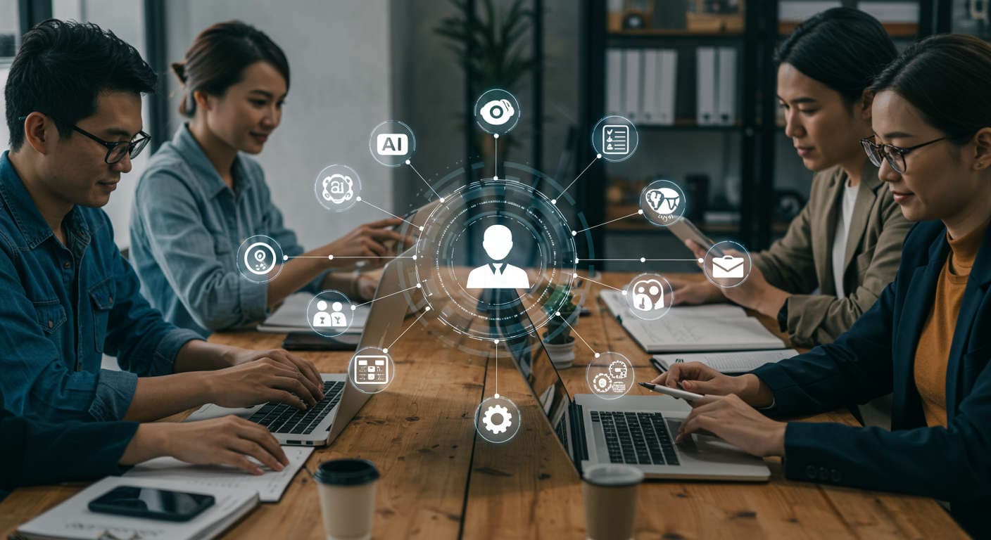 Diverse small business owners and startup founders using laptops and tablets with AI virtual employee and no-code automation icons around, symbolising easy AI onboarding for WordPress and Shopify.