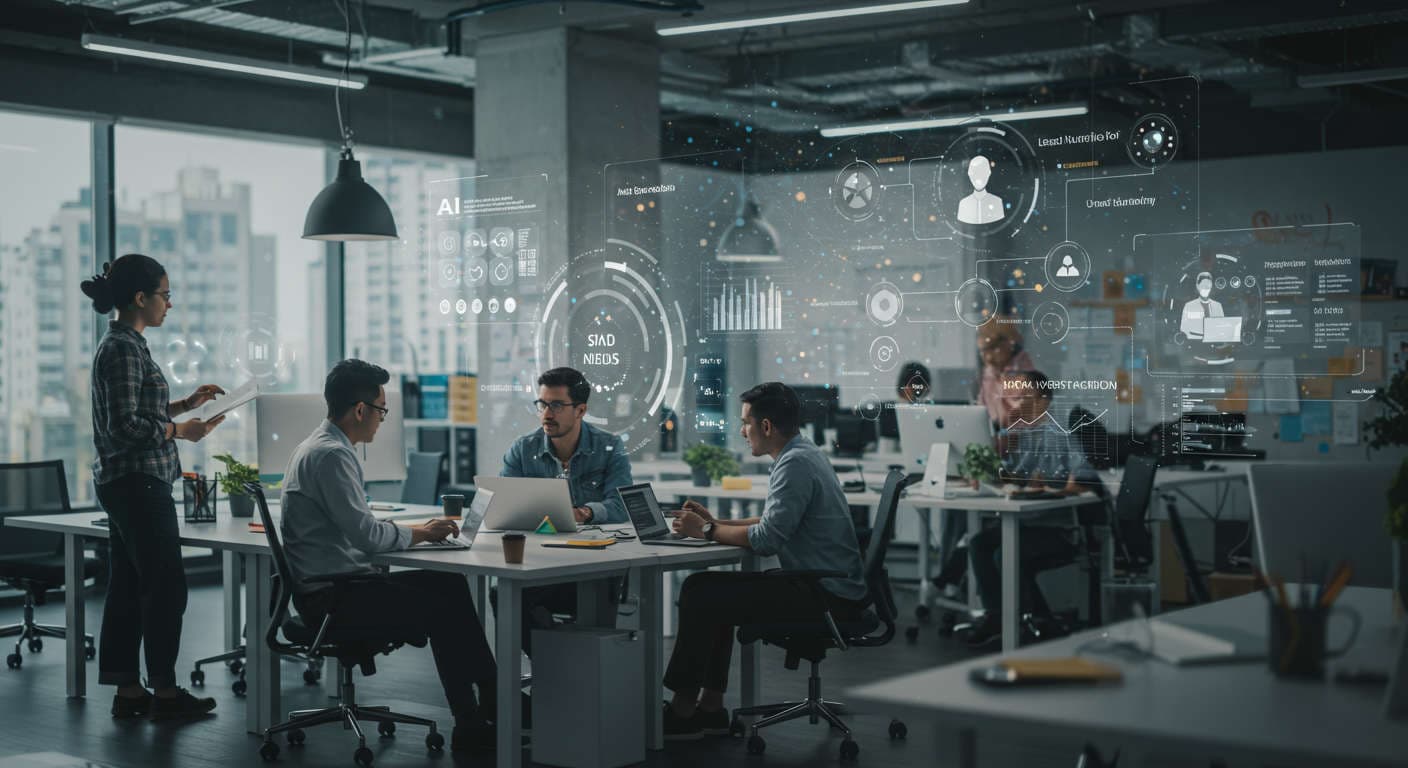Modern small business office with diverse team collaborating, digital screens showing AI content automation and lead nurturing workflows in a vibrant, tech-savvy environment