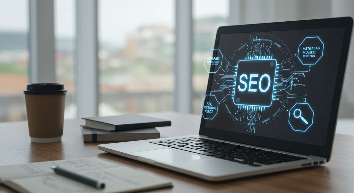 Modern digital marketing concept with AI automating SEO meta tags and schema markup on a laptop screen in a bright tech office environment.