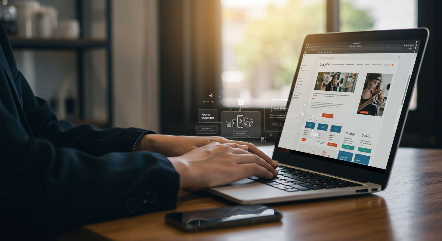 Small business owner using Shopify app on a laptop with website pages and blog posts in background illustrating automated internal link building and SEO optimisation